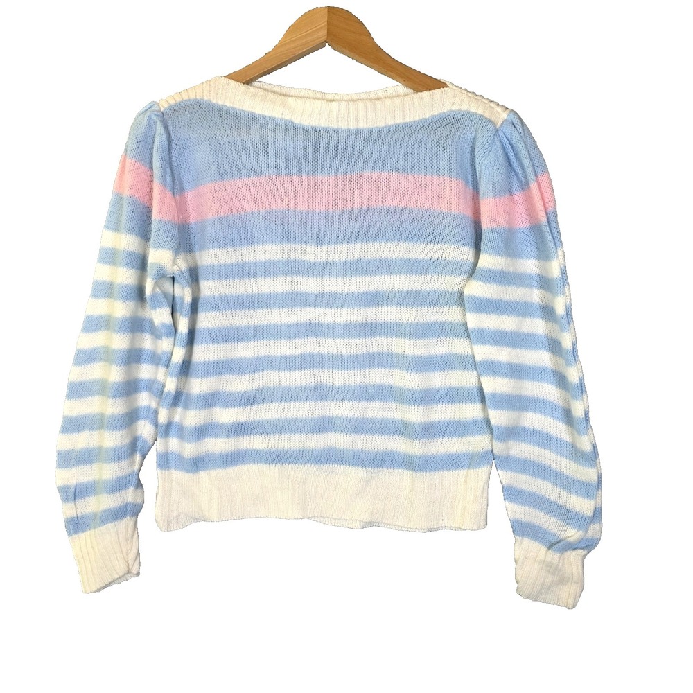 Vintage 70s 80s Pastel Striped Knit Sweater Puff Sleeve Boat Neck Blue Pink M